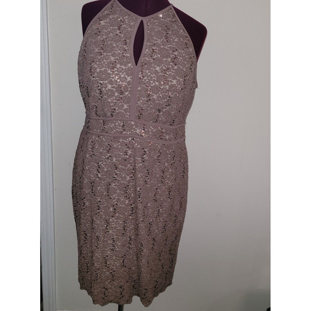 R&M Richard’s Cocktail Dress 18W Champagne Taupe Sequin Lace Halter Keyhole Plus